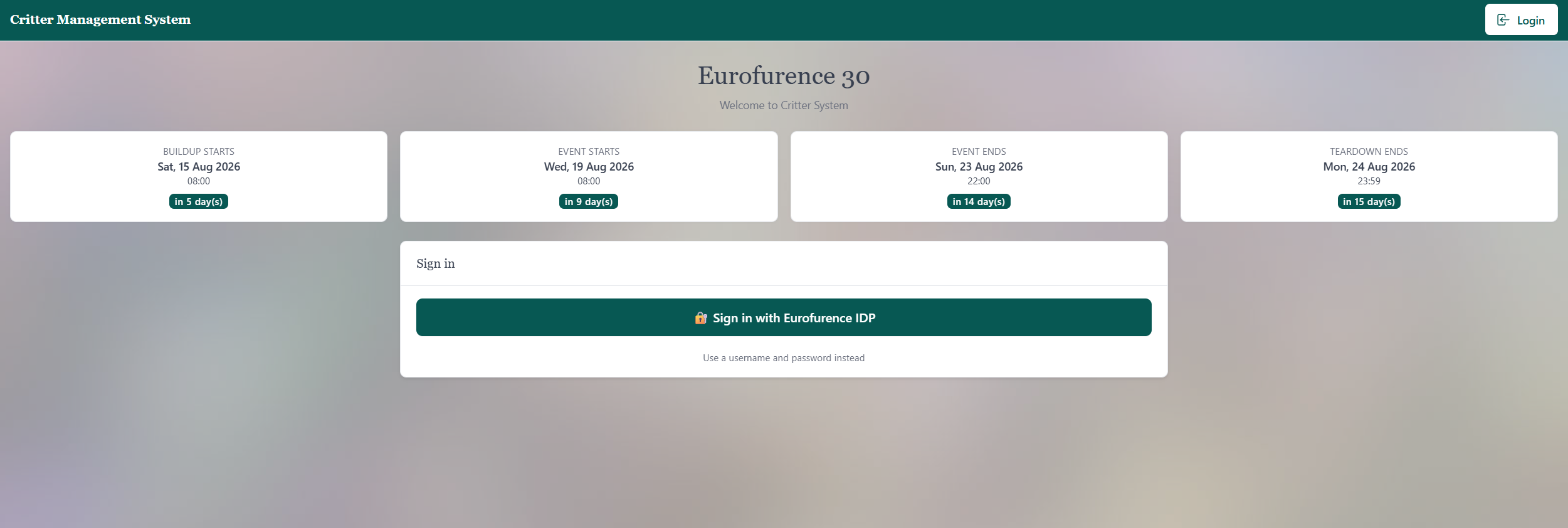 Screenshot of the Critter System Login